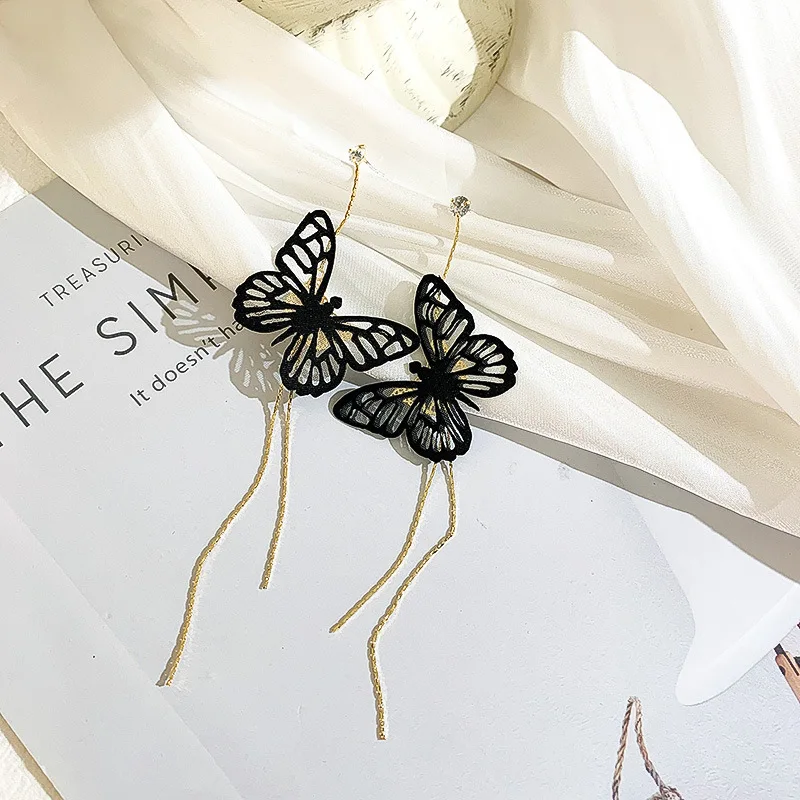 

new statement drop black long earrings butterfly