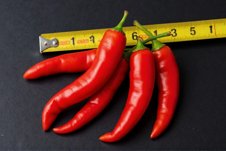 Carolina Reaper chili peppers on dark background with measuring tape showing size