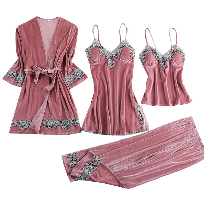 

Women Gold Velvet Sleepwear Sets 4 Pieces Sexy Nightwear Robe Pajamas
