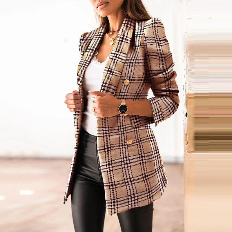 

2021 ladies new outfit long sleeve double breasted suit lapel collar printed small jacket Plaid coat women, Picture showns
