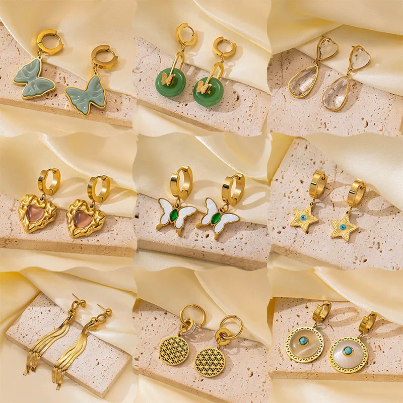 

New stainless steel zircon earring heart-shaped butterfly water drop earrings tassel eye pendant earrings for women jewelry