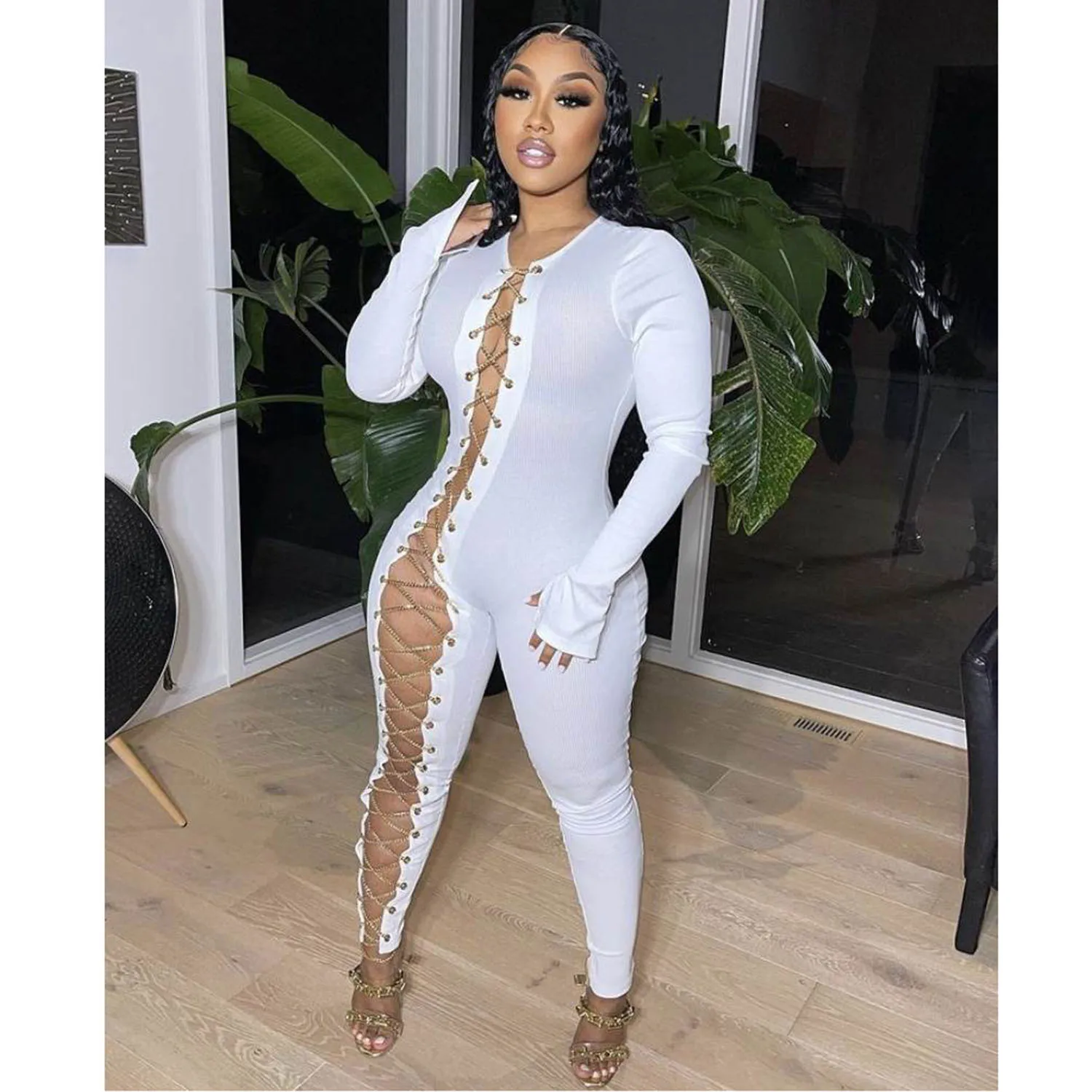

W-C-854A Women Sexy One Piece Bodycon Romper Front Open Chain Skinny Jumpsuit Hot Night Club Wear, Brown