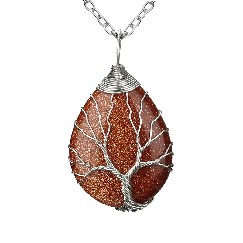 

Copper Wire Wrapped Tree Of Life Necklace Resin Water Drop Pendants Necklace