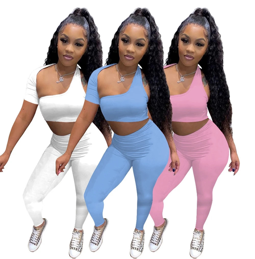 

One Shoulder Bodycon Women Two Piece Sets Bralette And Leggings Party Fashion Printed Sleeveless Co-ord Outfits, White/pink/blue