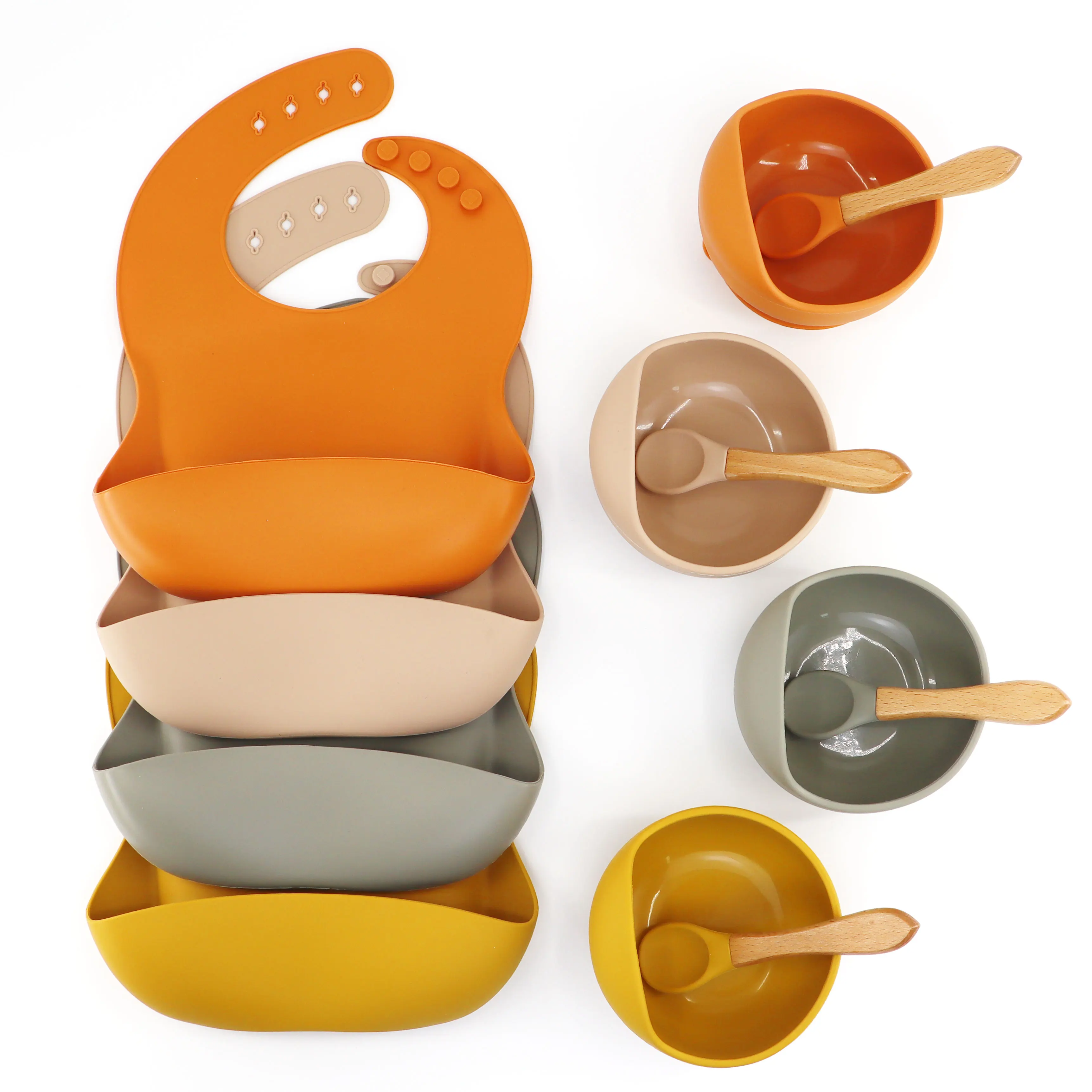 

Eco Friendly Non-Toxic Suction Bowl With Spoon Waterproof Bib Silicone Baby Feeding Set, Customized color