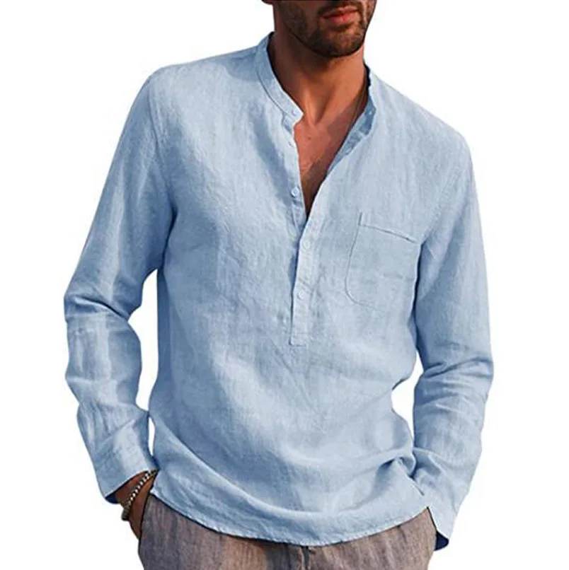

GP20145 Newest long sleeve pullover men's casual shirts fashion stand collar solid color linen man shirts