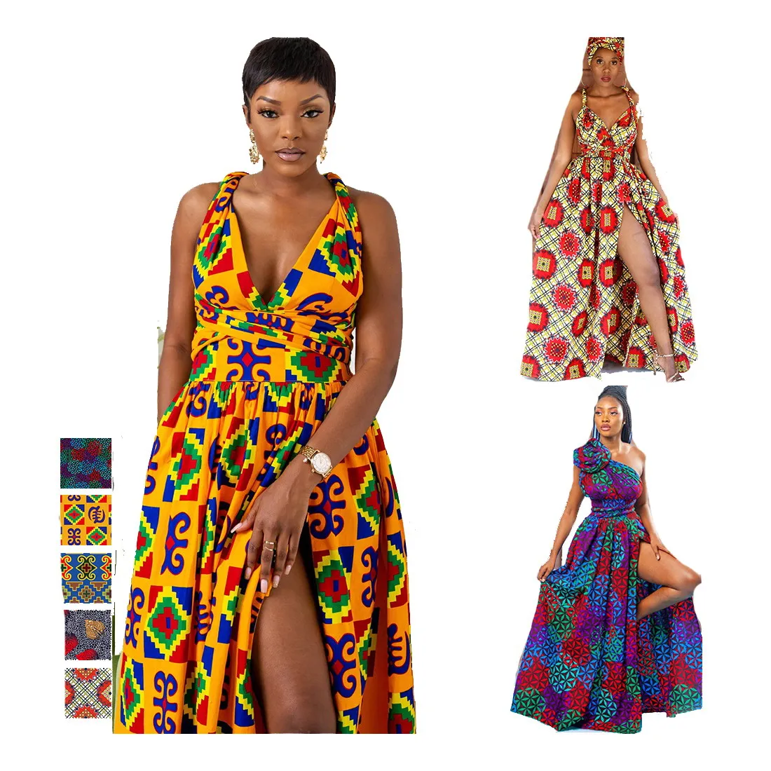 

Foma FM-80212037 wholesale african dresses women clothes sexy fashion print DIY wear maxi split dress, 5 colors