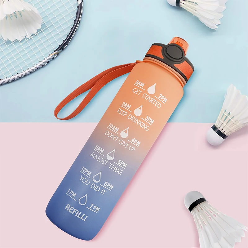 

32 oz Water Bottle with Time Marker, Carry Strap, Leak-Proof Tritan BPA-Free, Ensure You Drink Enough Water for Fitness, Gym, Grey /blue/pink