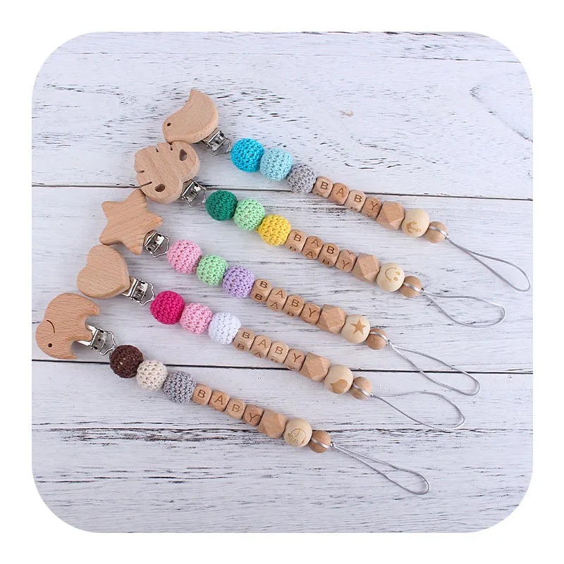 

Hot Selling Wooden Animal Baby Pacifier Clip Crochet Wood Beads Dummy Holder Chain