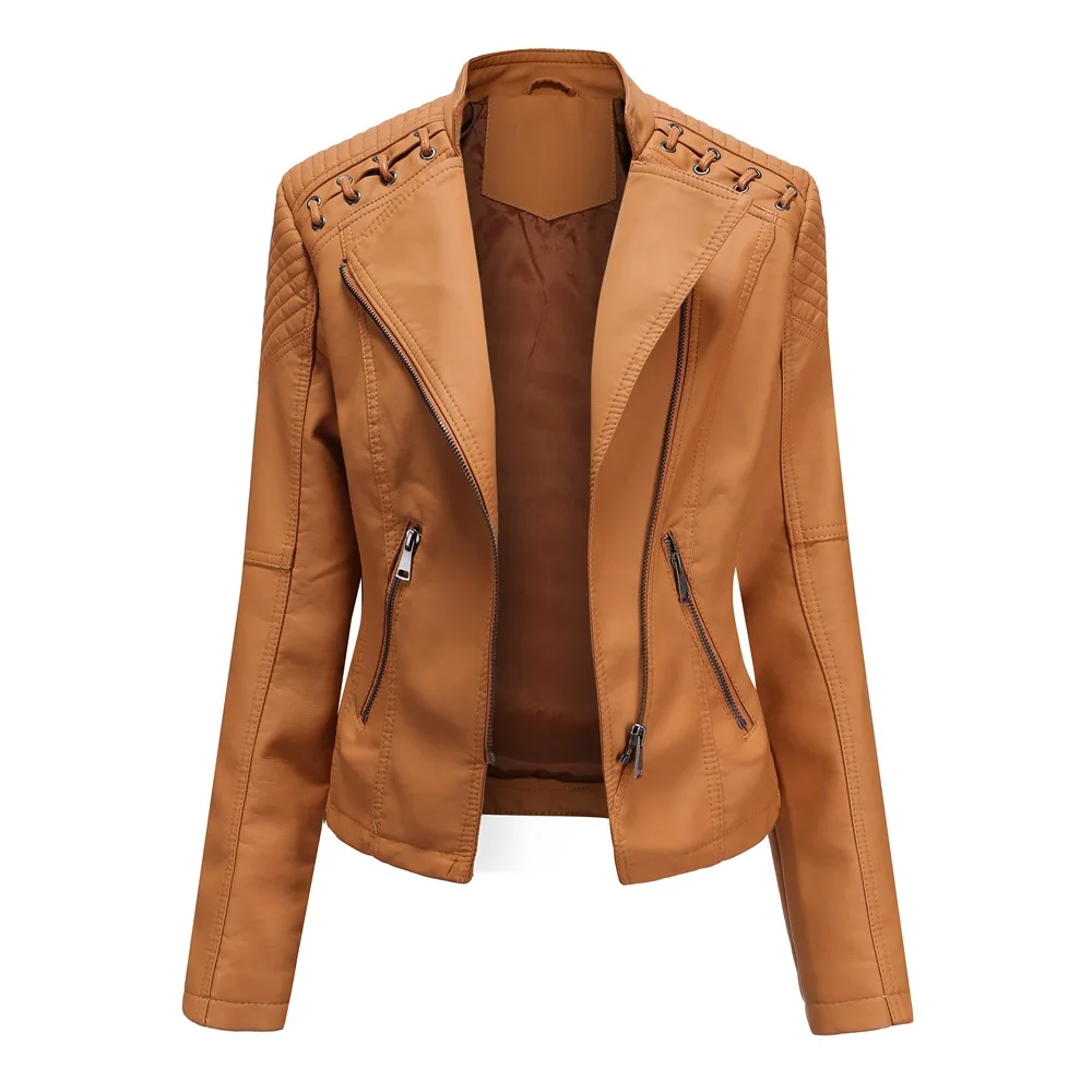 

New Arrivals EU Size Spring Autumn Slim Fit PU Leather Biker Moto Jacket For Lady, Black,yellow,khaki,pink