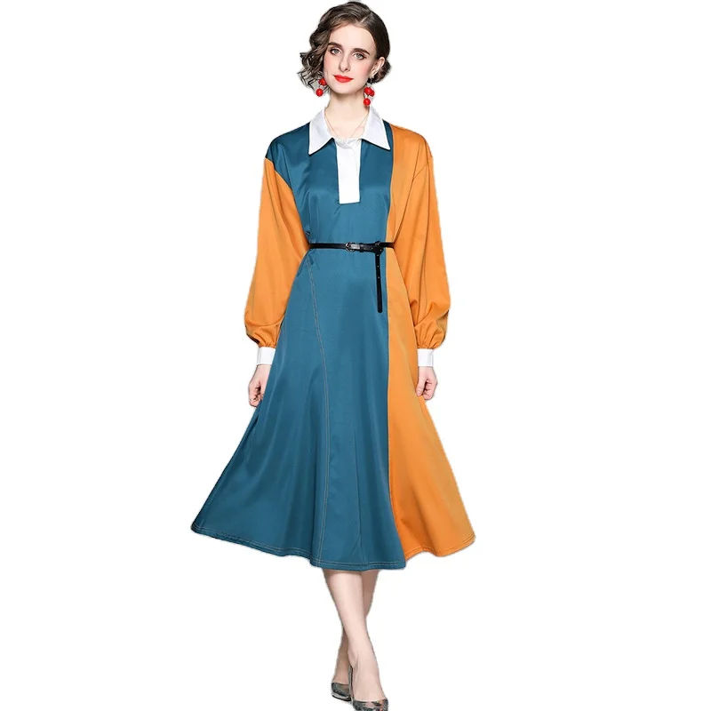 

Elegant Color Block Patchwork Midi Dress Robe Female 2021 Spring New Lapel Solid Batwing Sleeve Loose Shirt Dress With Belt