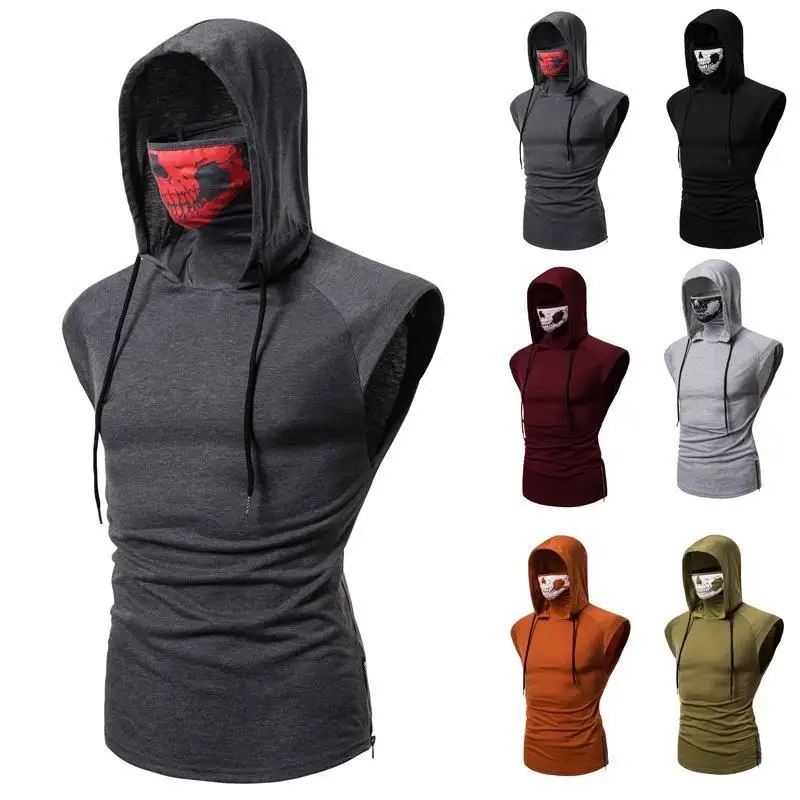 

Custom Printing Hooded Drawstring T Shirt Cotton Polyester Spandex Solid Color GYM Slim Fit Men Sleeveless Face Masked T-shirt