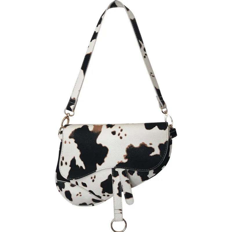 

2020 New design cow print shoulder saddle bag retro leather cross body hand bags, White and black