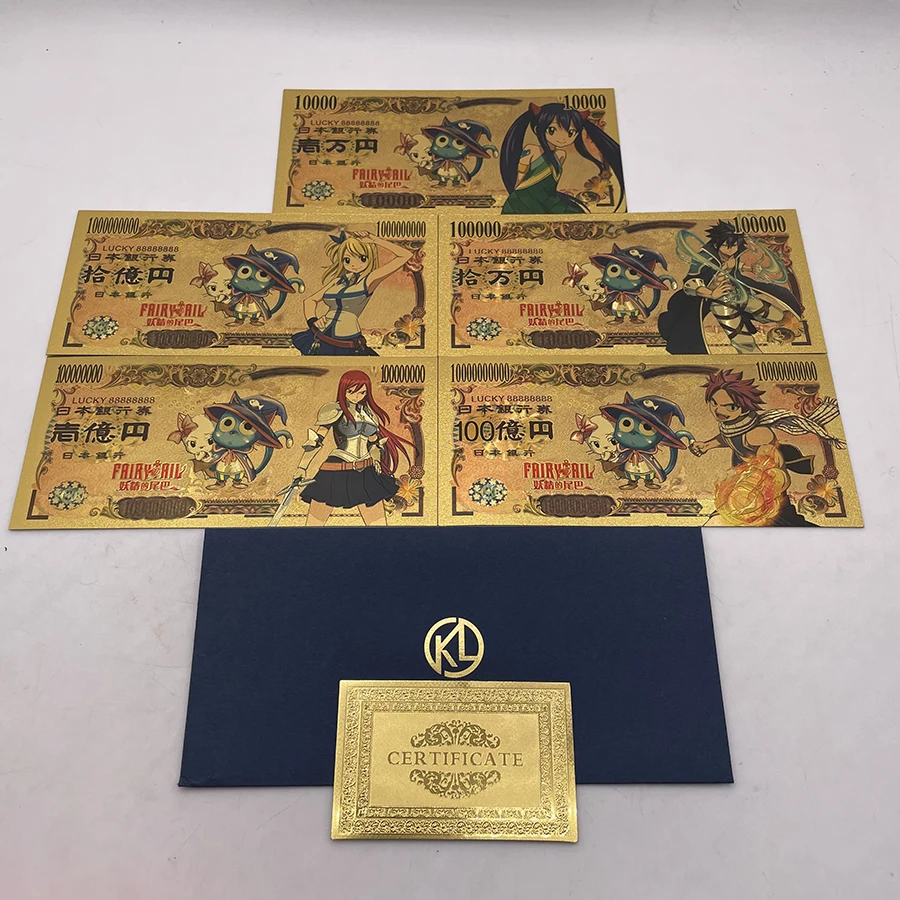 

Beautiful Japanese Manga Fairy Tail 10000 Yen Gold Anime Banknote for Classic Memory Souvenir Gifts and Collection Cards