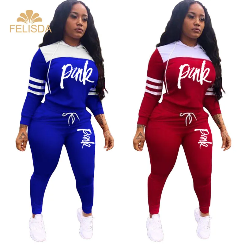 

2021 Pink Letter Print Tracksuits Casual 2pcs Outfits Street T-shirt Tops And Joggers Fall Clothing Suits Women Two Piece Set
