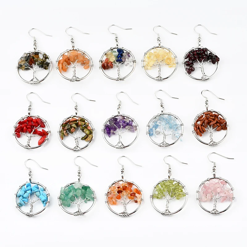 

Silver Color Plated Jewelry Tree of Life Earring Hand Crafted 30mm Chakra Crystal Earring