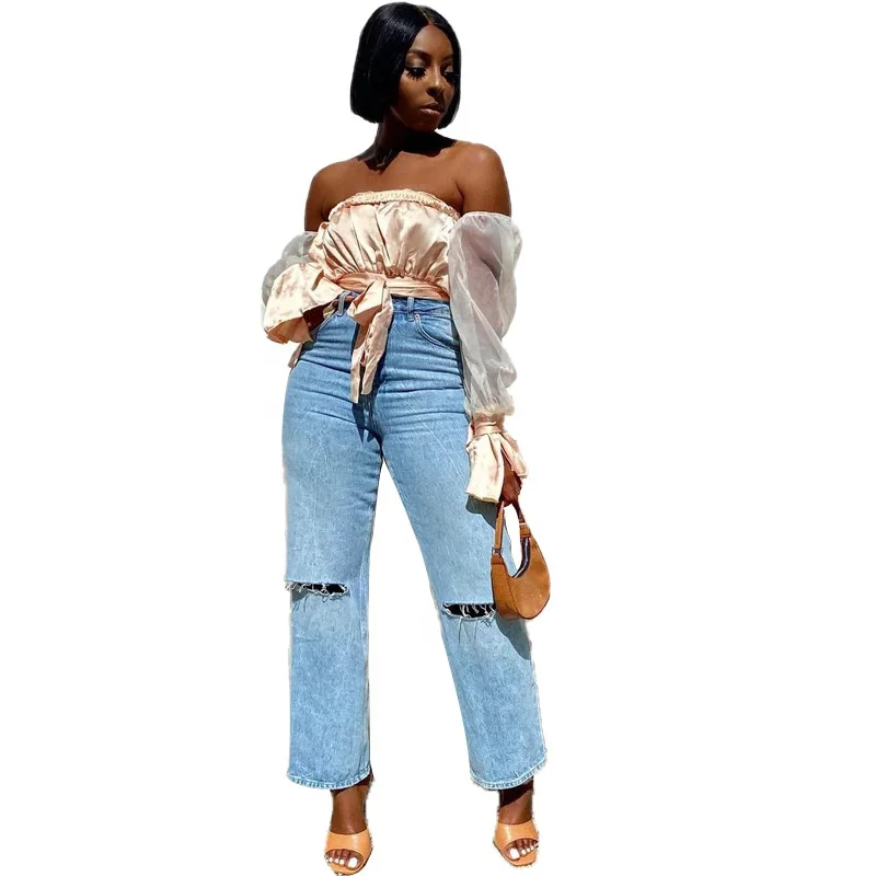 

Spring 2021 new hot style sexy tie breast mesh stitching blouse for women, Customized color