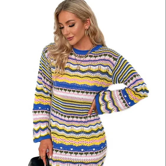 

2021 New Design Of High Quality Round Neck Hollow Sheath Dress Women Casual Bohemian knitting Sweater Dress