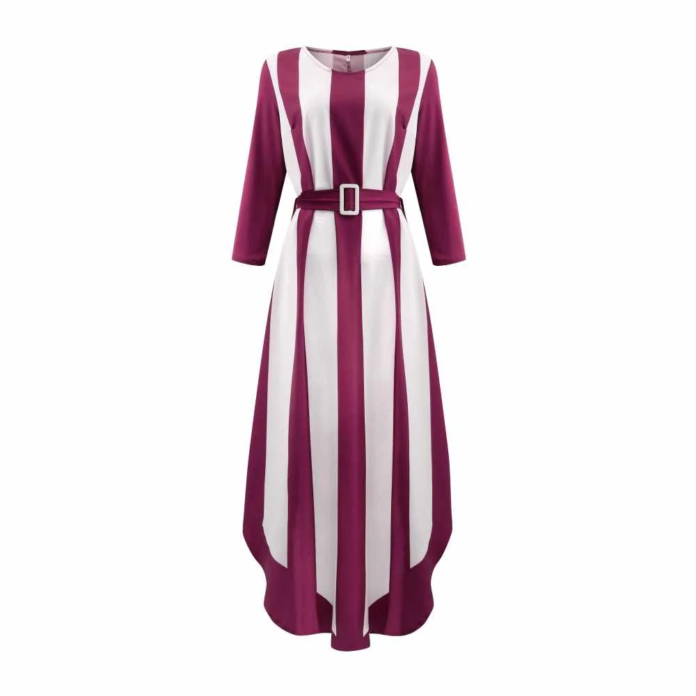

European and American new style V-neck stripe print high waist three-quarter sleeve irregular plus size dress wholesale