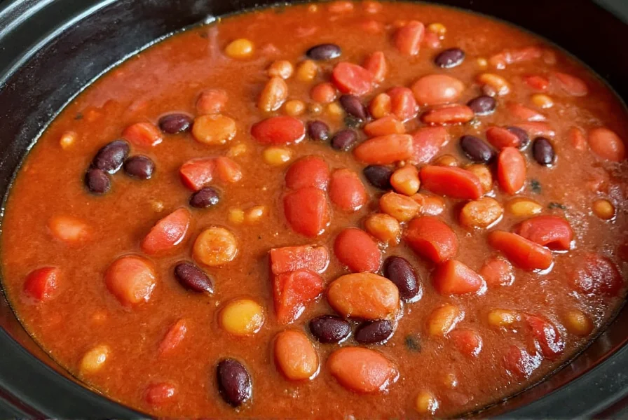 Slow cooker filled with rich red chili containing kidney beans, black beans, and diced tomatoes