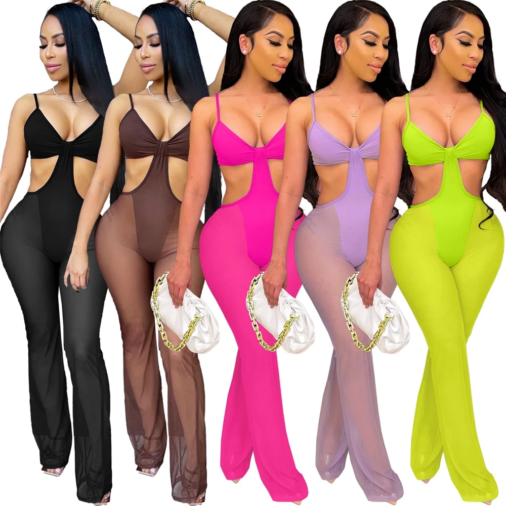 

2021 Summer New Women Clothing See Through Sexy Mesh Jumpsuit One Piece Beachwear Dresses Women Rompers Bodysuits for Ladies