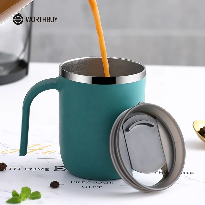 

WORTHBUY Custom Logo Leak-Proof Travel Water Cup With Handle Reusable Stainless Steel Coffee Mug For Drinkware, Blue, green, pink, black