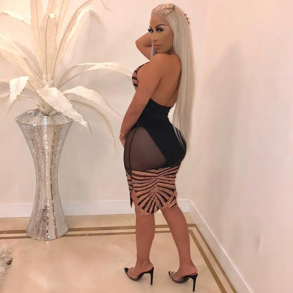 2019 deep V night party sexy women clothing bandage sleeveless mesh nightclub sequin dress