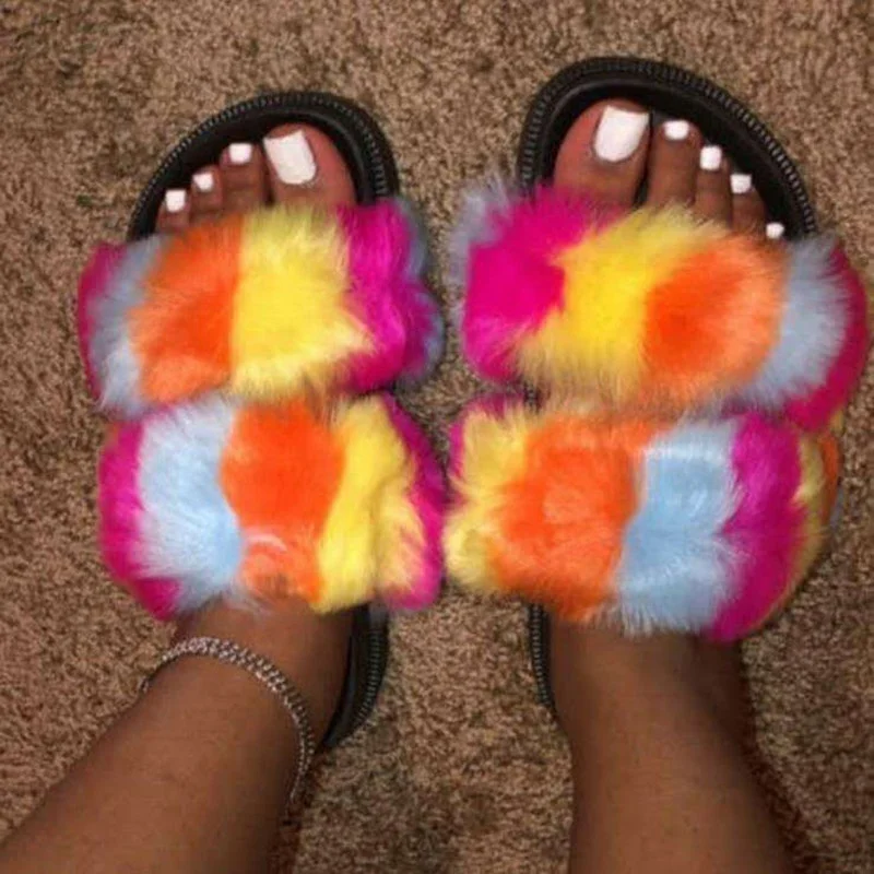 

New Women Fur Slide Fox Fur Slippers House Shoes Lady Flat Furry Sandals Summer Autumn Flip Flops Indoor Top Quality 2021, Mixed color