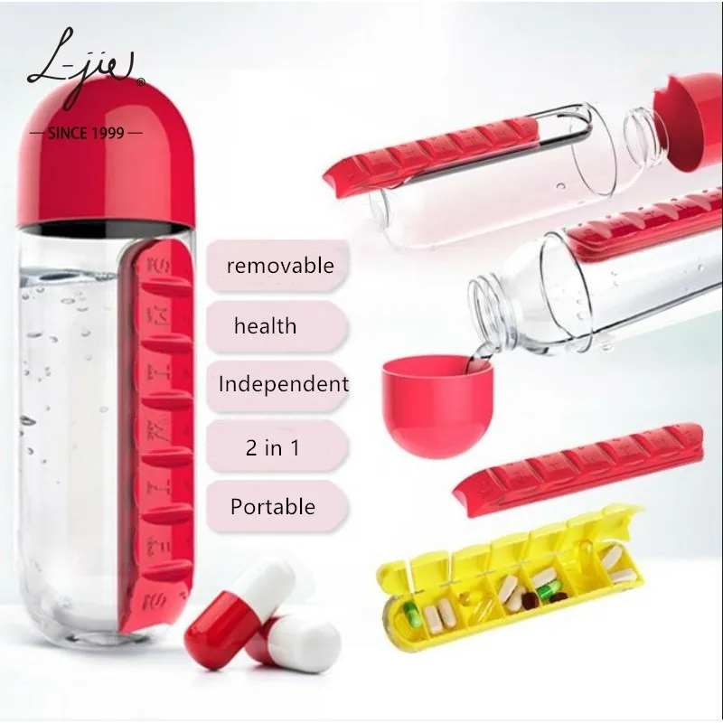 

20OZ Combine Daily Pill Box Organizer with Water Bottle Sports Plastic Water Bottle Pill Box Organizer, Five