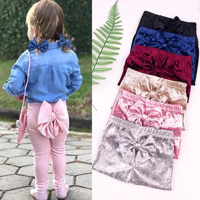 

Ins Kids Autumn Long Trousers Girls Velvet Fabric Bow Pants for Children Clothes M414