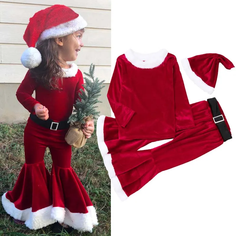 China Supplier Toddler Girl Christmas Outfit Plush Flared Pants Hats Christmas Suit Santa Claus Costume Kids GCRS-010