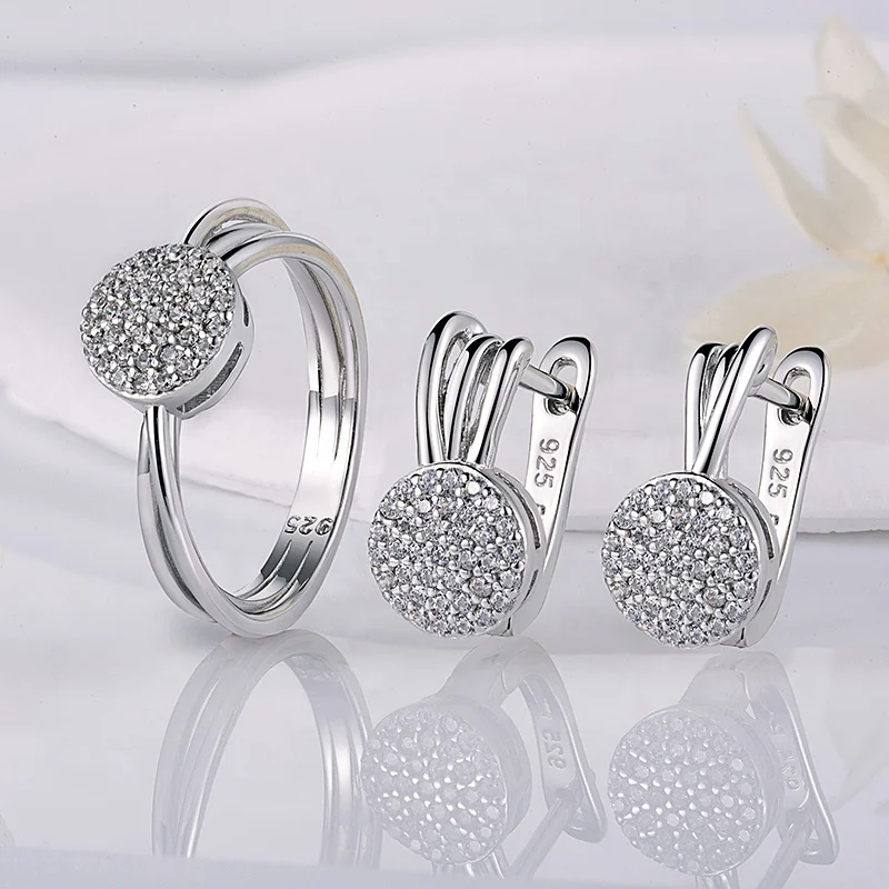 

Fashion Rings Earrings Women's Silver Round Cubic Zirconia Jewelry Set