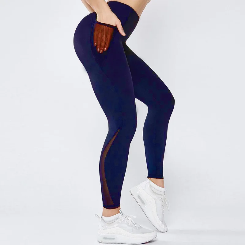 

DJ044 women's high waist hot yoga pants leggings tummy control seamless, Navy, black, wine red