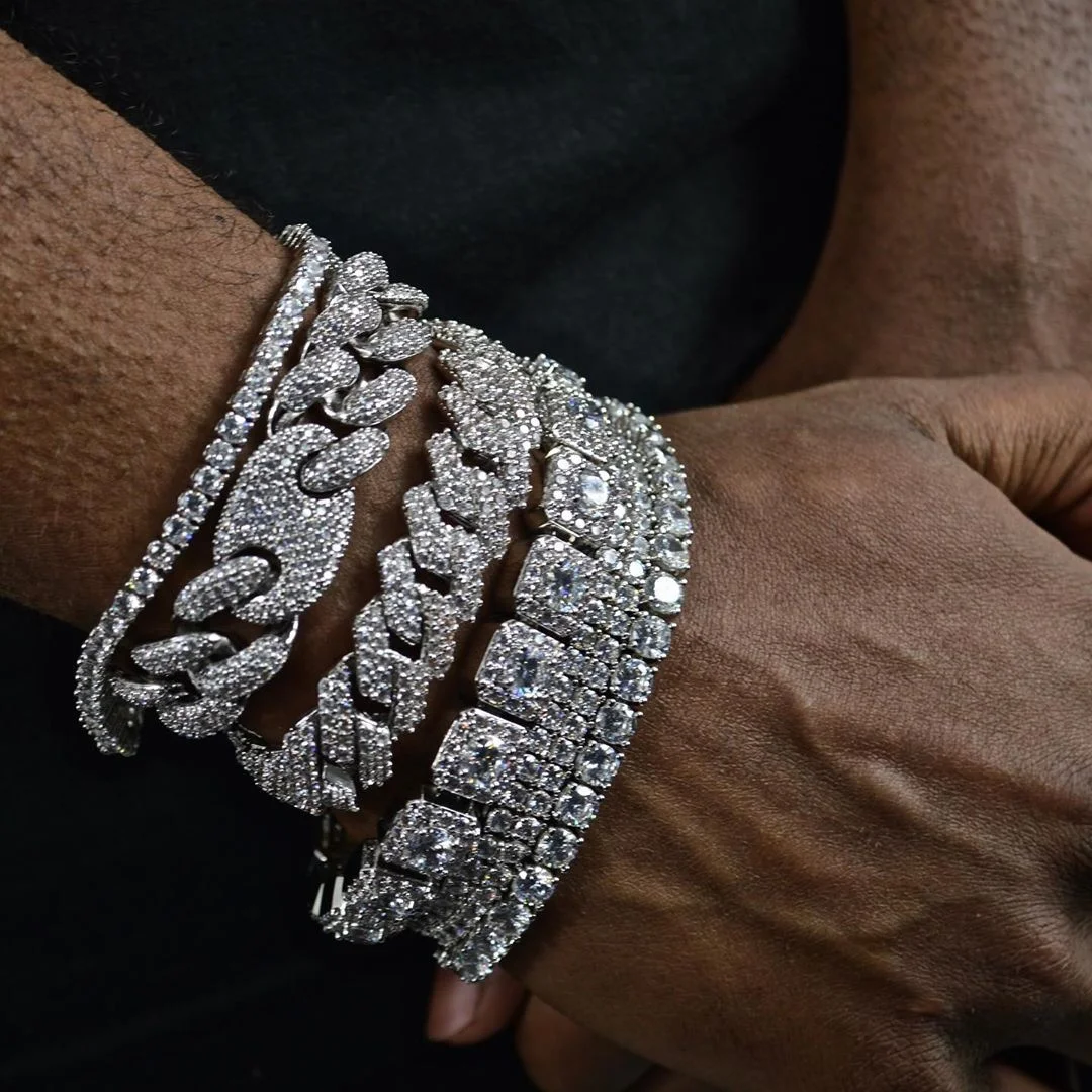 

in stock wholesale 5A cubic zirconia hip hop iced out bling diamond cz men bracelet, Silver