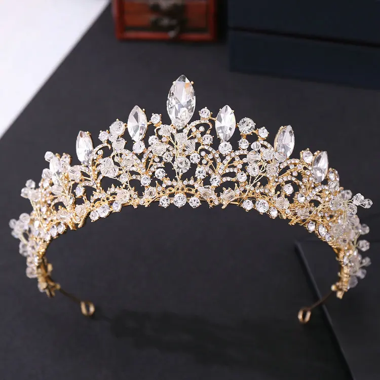 Qushine Handmade Crystal Beaded Wedding Crown Rhinestone Crystal Tiara Wedding Accessory For Bride