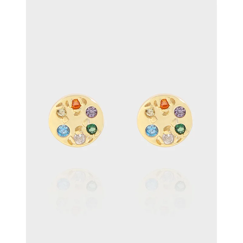 18K Gold Color 925 Sterling Silver Round Rainbow Colorful Zircon Pave Stud Earrings for Girls Engagement Jewelry Gifts
