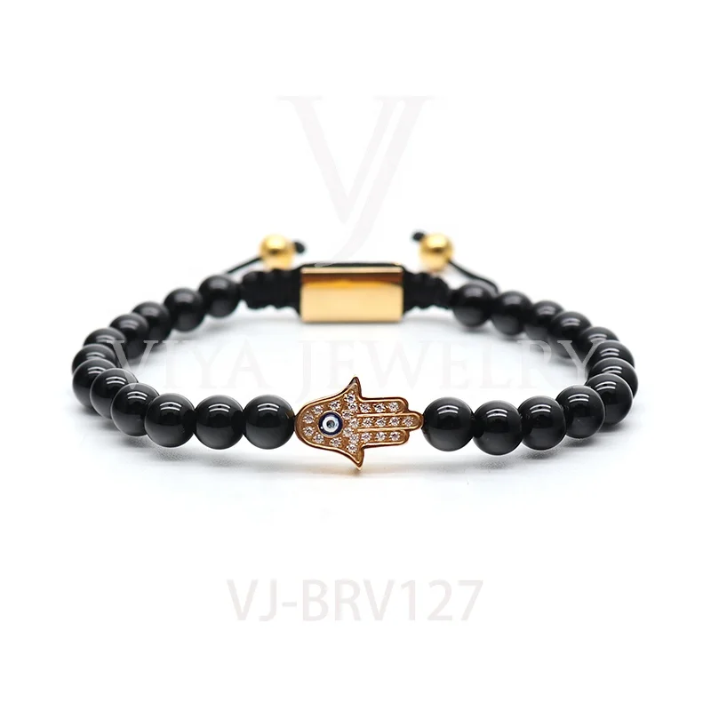 

Wholesale 2020 Natural Stone Braided String Zircon Stainless Steel Bracelets Hamsa Hand Adjustable Bracelet, Gold color