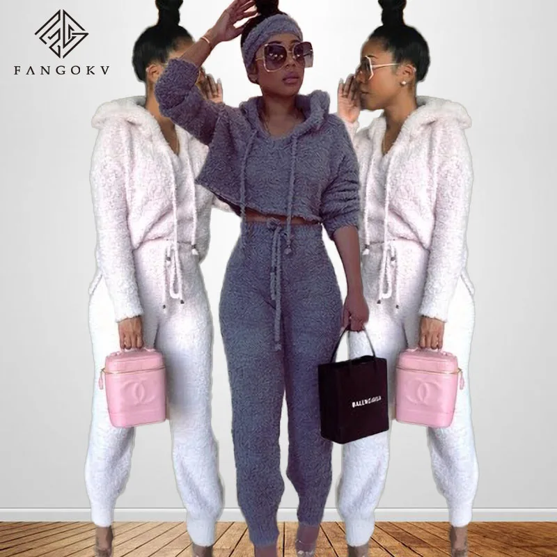 

Wholesale Winter Casual Wool Fabric Plus Size Hoodie Two Piece Set Women Clothing, 8 colors