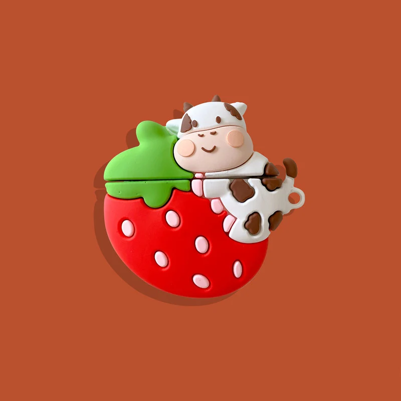 

3D Cute Strawberry Cow Designer Case Wireless Earphone Protective Cover Accessories Case for Apple Airpods 1 2 Pro