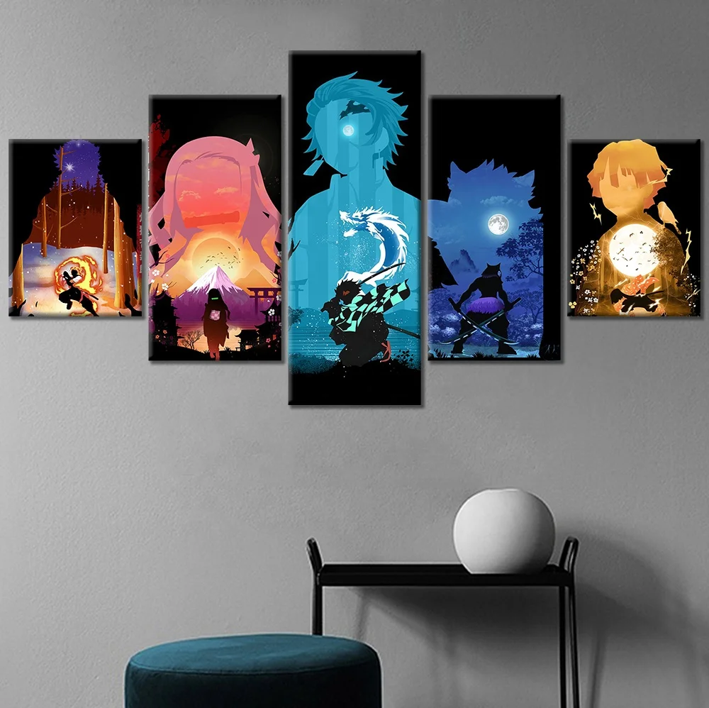 

5characters Demon Slayer Anime Posters Black and Colorful Manga Canvas Oil Painting Wall Art Bedroom Decoration, Multiple colours