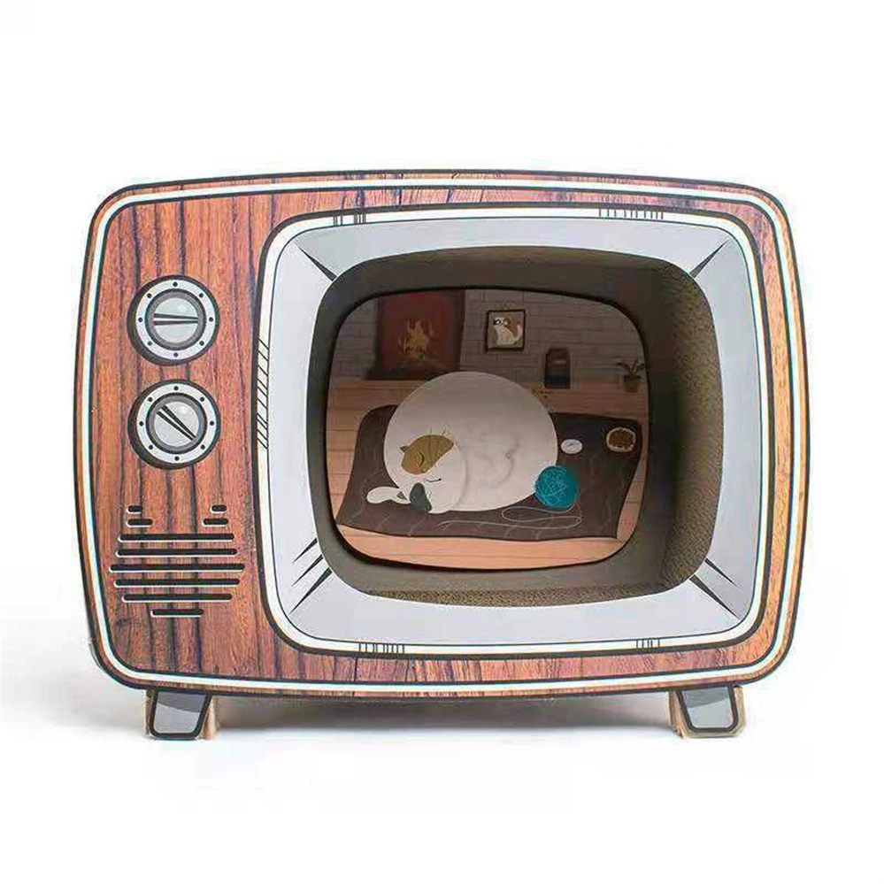 

dropshipping Cute Style Cats House Television shaped Pet House indoor cat house with Cat Scratcher, Green, yellow and pink