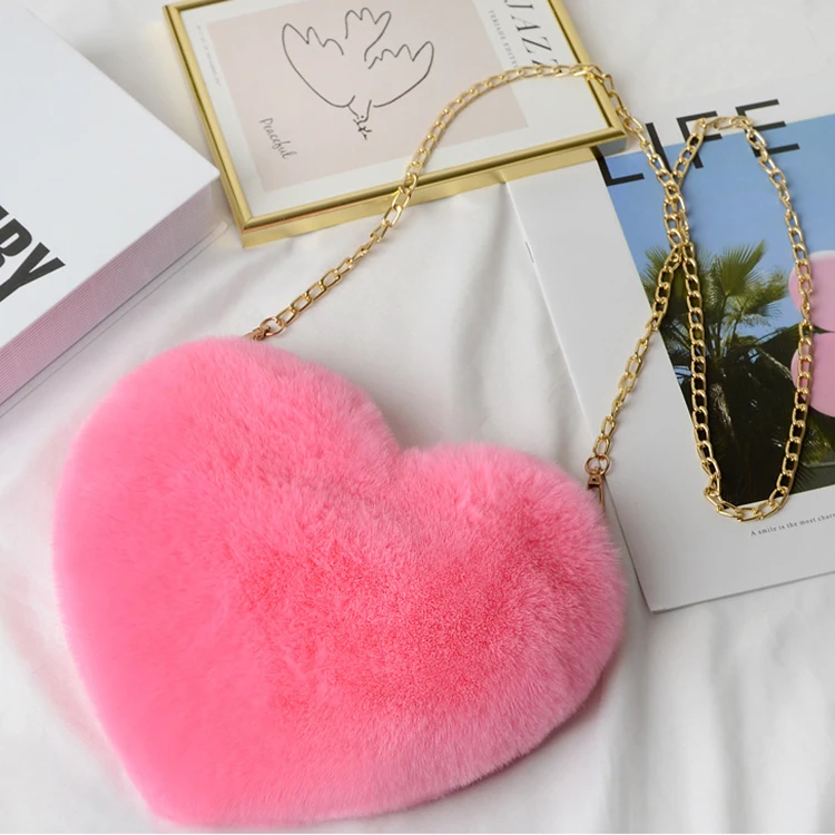 

Jtfur Manufacturer Fake Rex Rabbit Fur Heart Bag Peach Handbag Chain Fashion One Shoulder Diagonal Chain Women Purse, Customized color