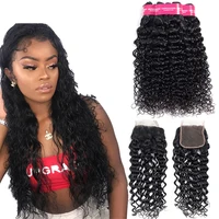 

Peruvian hair bundle water wave with lace closure wholesale remy virgin human hair 3 bundles with closure