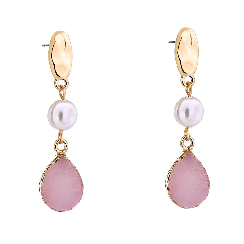 

2021 Water Drop Pink Drusy Quartz Earrings Pearl Stud Earrings for Women, As the picture