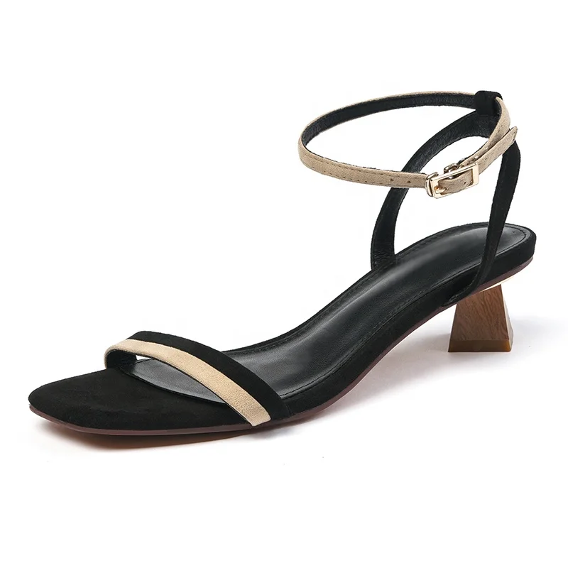 

2020 trendy square heels ladies summer sandals new design genuine leather open toe black sandals for women shoes