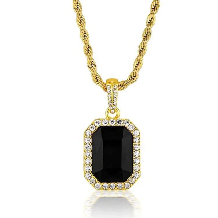 

New Arrival Women Gold Square Pendant Necklace With Gemstone Black Stone Necklace