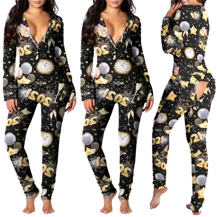 

EB-2021010624 Latest Design Lady Rompers Print Long Sleeve Hollow Out One Piece Jumpsuit Spring Women Pajamas