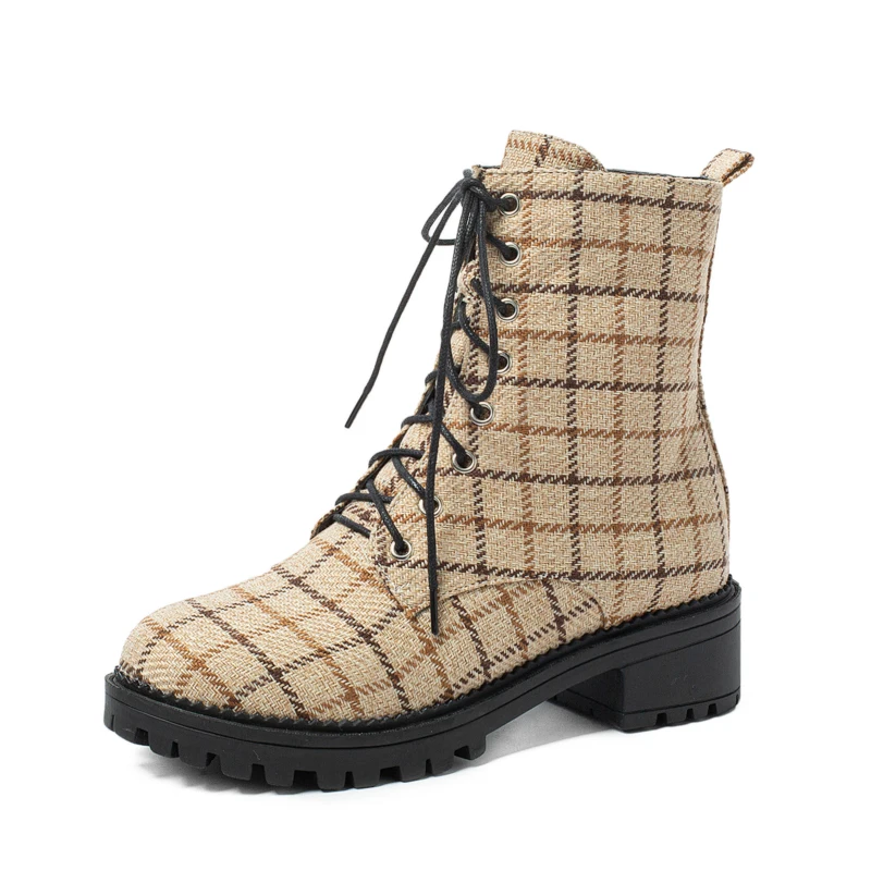 

winter New Model lace-up Plaid round head for leisure Thick-heeled women's boots