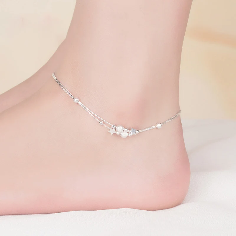 

Summer Beach Adjustable Silver Plated Star Double Layer Anklet Female Frosted Star Bead Anklet