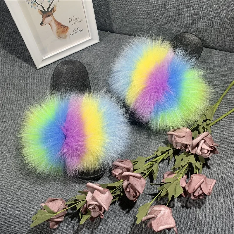 

2021 Free Shipping Sandals Women Ladies Raccoon Fur Slides Furry Fur Slippers Women's Sandals Shoes, Customer's request